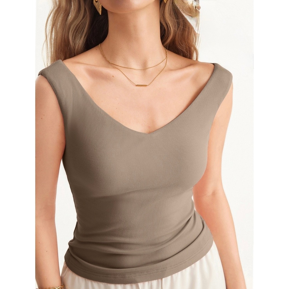 OGL Plantive Essential V-neck Airy Bra Top Cork Brown Ribbed Tank Small NWT